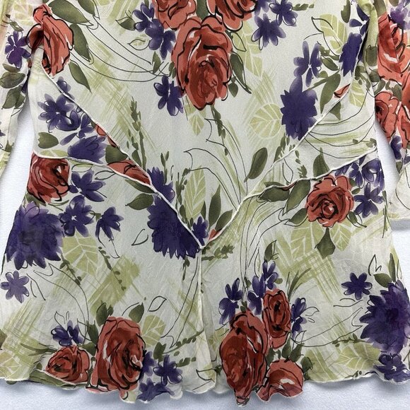 Nine West Silk Y2K Floral V-Neck Flowy Blouse Top Size 10 Green Cream Fairycore - Picture 6 of 13
